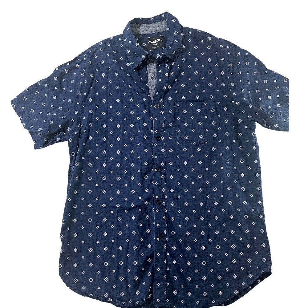Carbon - Navy Blue Diamond Print Short Sleeve Button Down Shirt 100% Cotton